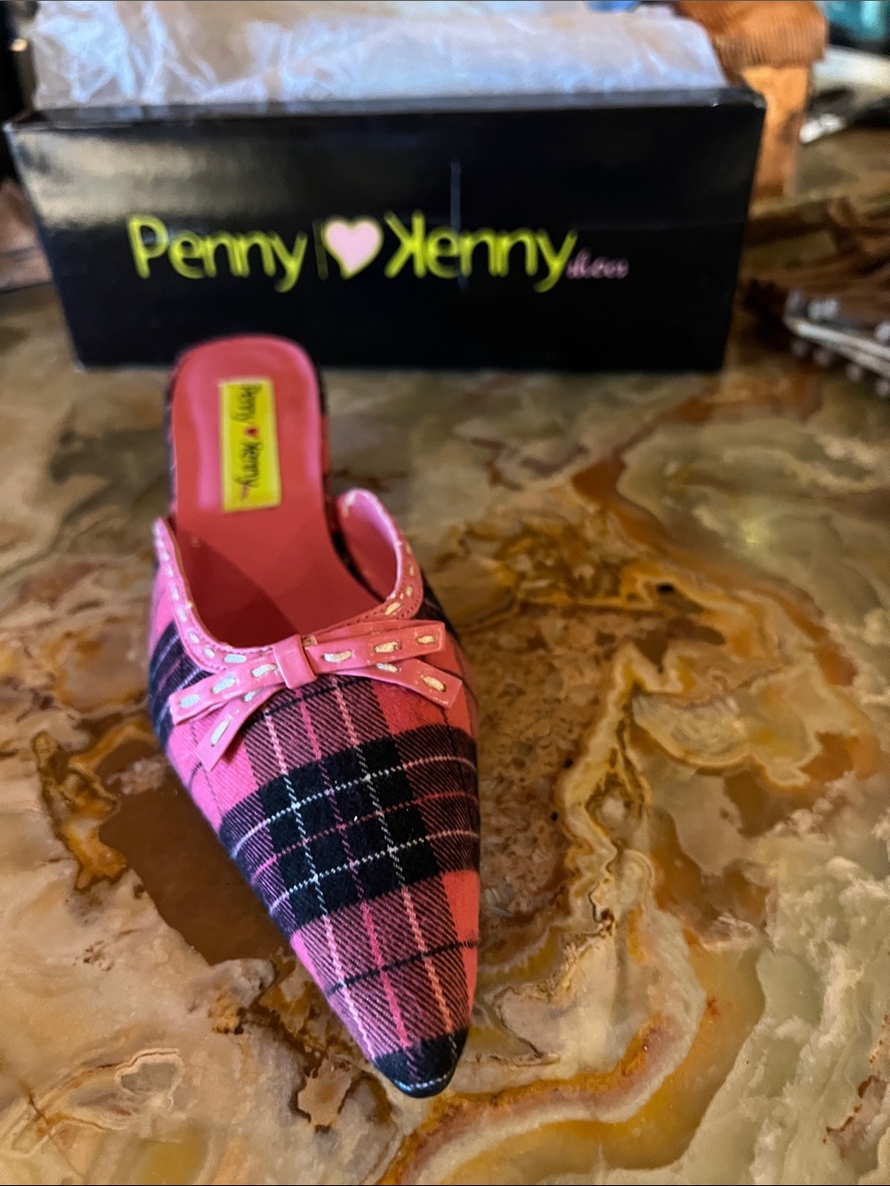 Penny Loves Kenny Pink & Black Plaid Pointed Bow Mule